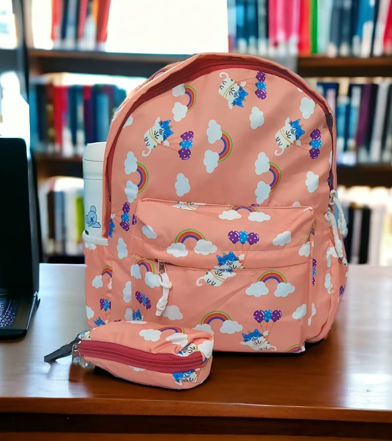 Small Size Kids Bag Unisex School Backpack with Free Pencil Stationery Pouch - Multicolor Printed (Suitable for Kids up to 5 years)